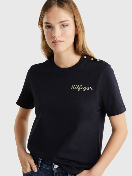 TOMMY HILFIGER 
GOLD BUTTON STRIPE T-SHIRT size M