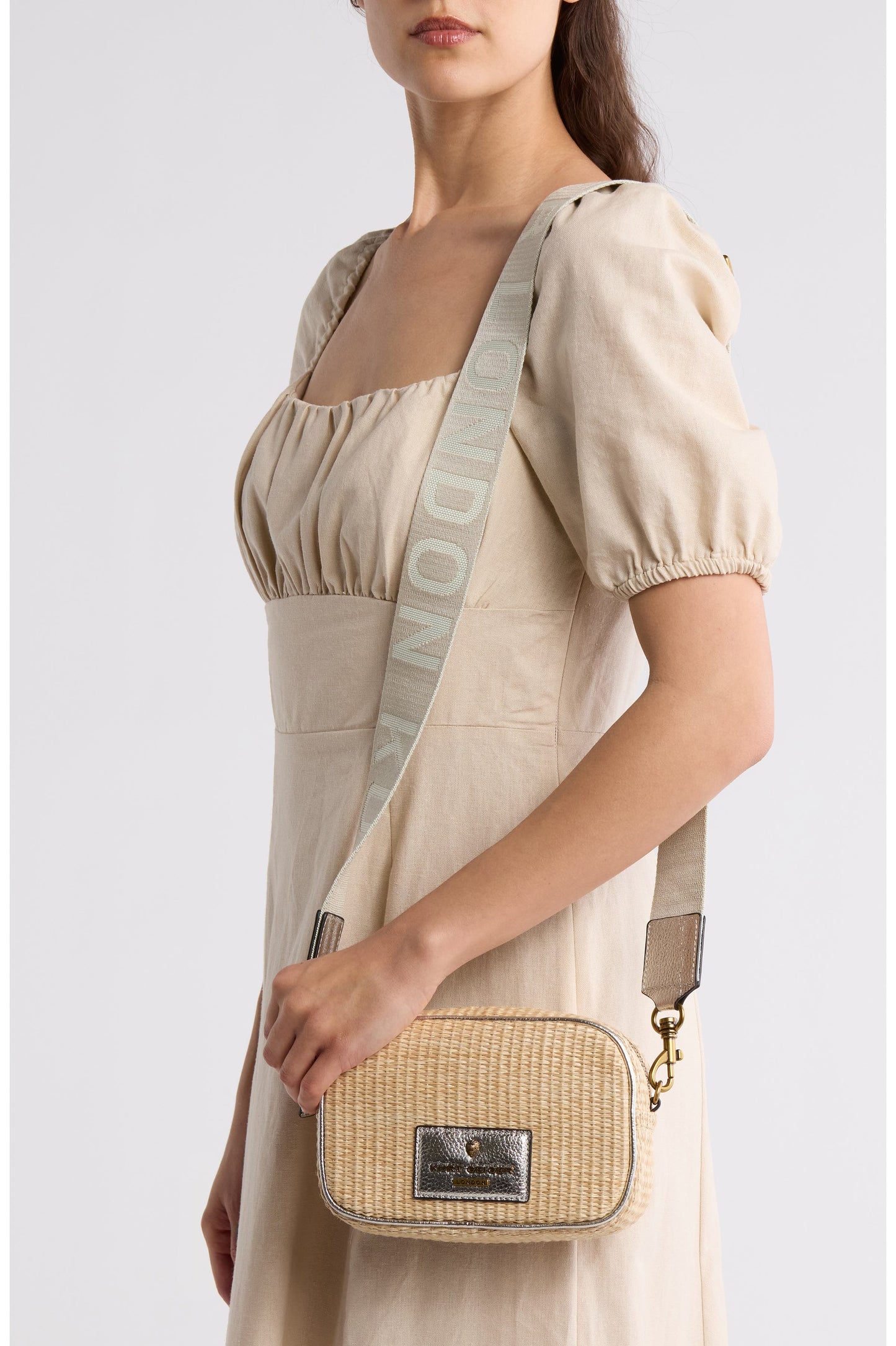Kurt Geiger London Chiswick Raffia Camera Bag in silver