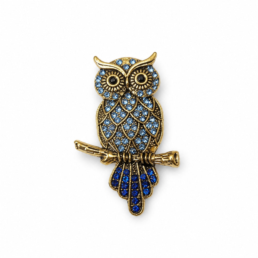 Crystal Owl Brooch in Blue and Gold