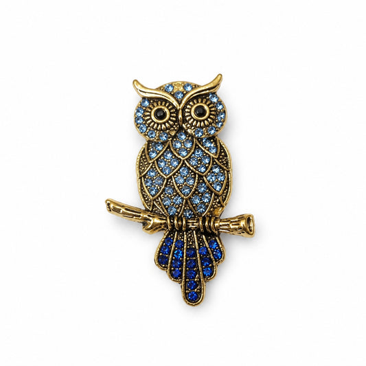 Crystal Owl Brooch in Blue and Gold