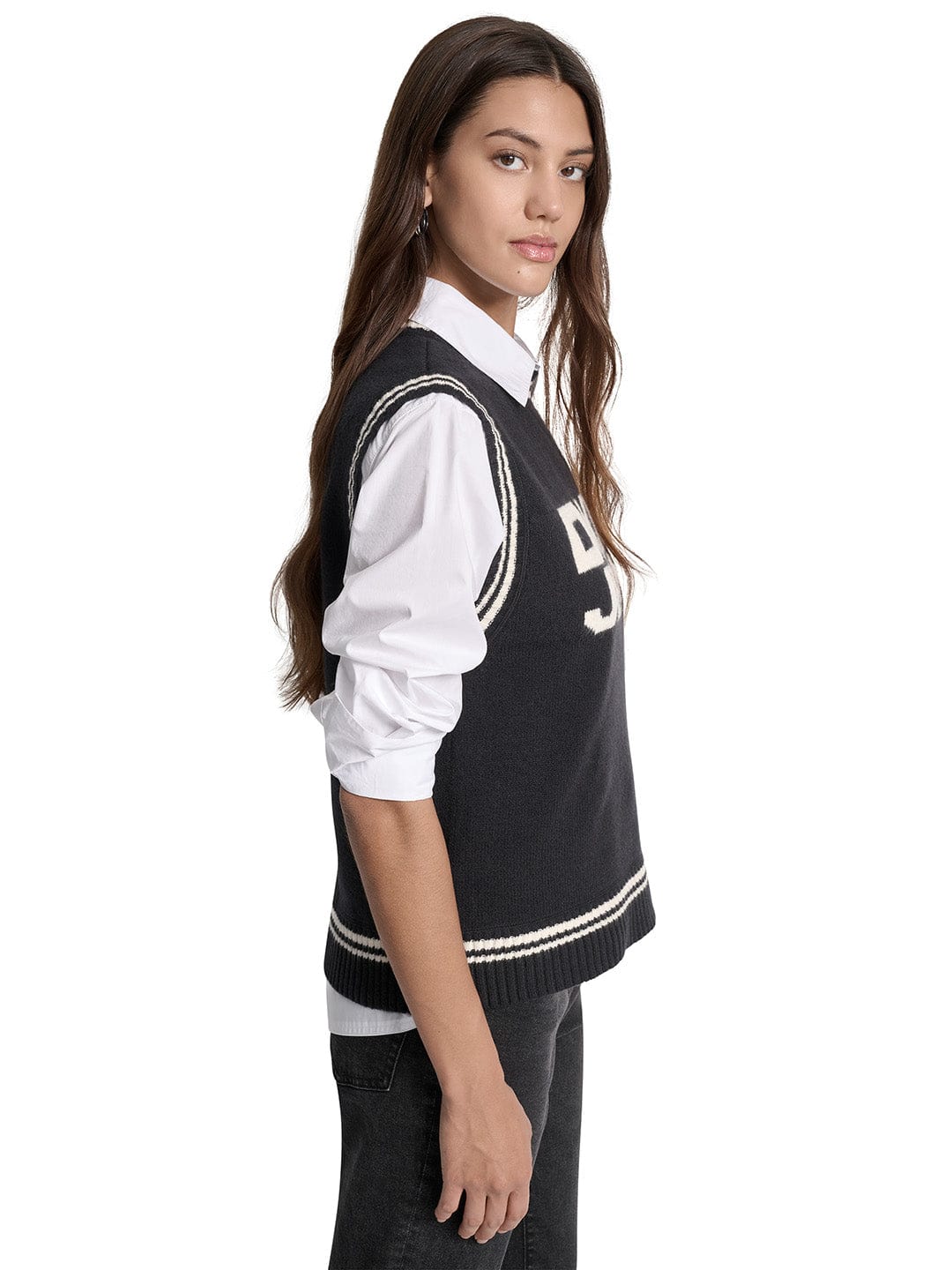 DKNY Women Black Solid Round sleeveless Neck Sweater size L