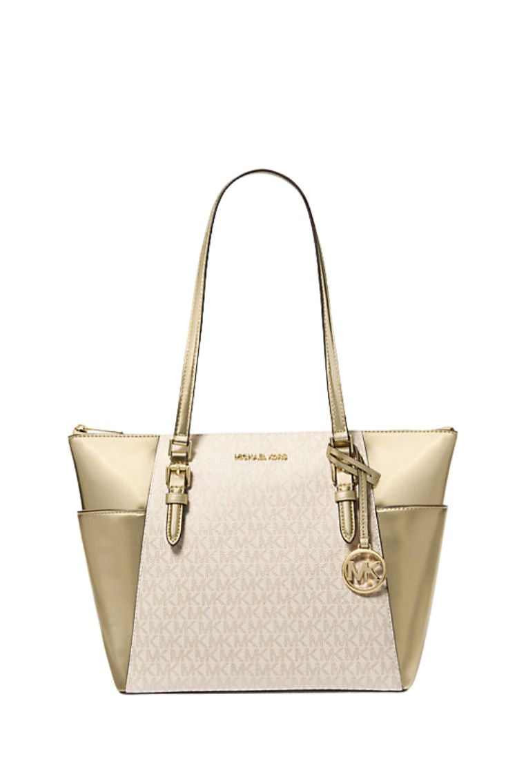 MICHAEL KORS
Charlotte Large Signature Logo and Metallic Top-Zip Tote Bag Pale Gold