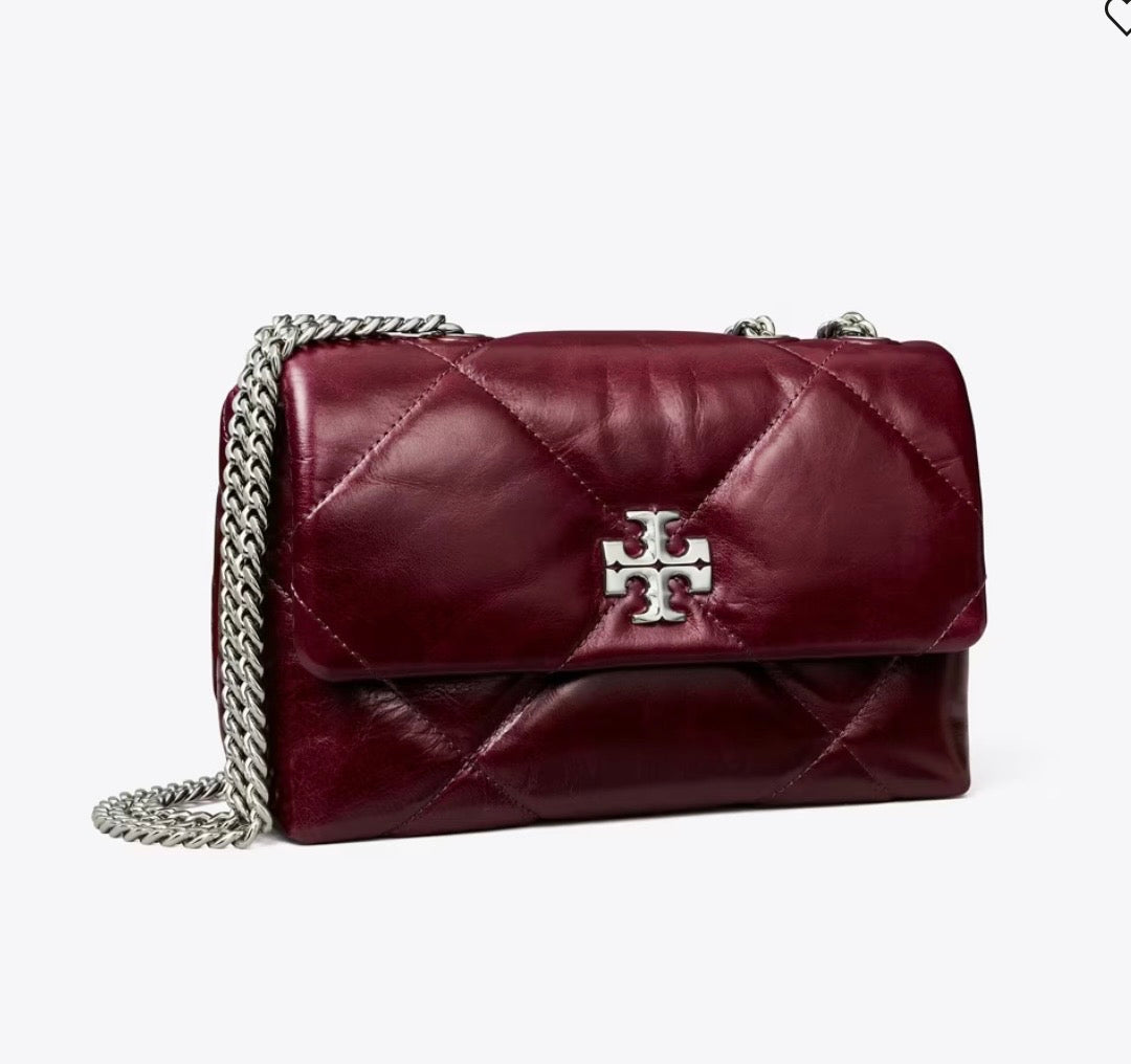 TORY BURCH SMALL KIRA DIAMOND QUILT DISTRESSED SHOULDER BAG IN BURGUNDY