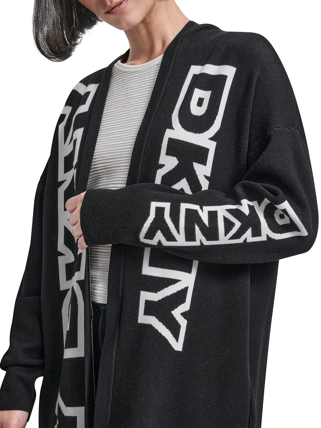 DKNY Women Black Placement Print Mandarin Collar Sweater size M