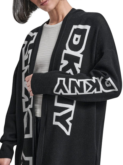 DKNY Women Black Placement Print Mandarin Collar Sweater size M