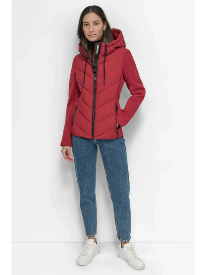 DKNY Size L Women’s Red Puffer Jacket – Lightweight Quilted Winter Coat with Hood, Warm Insulated Outerwear for Cold Weather