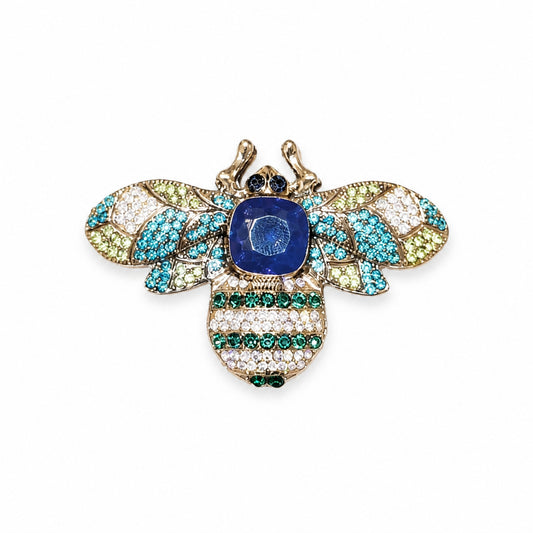 Crystal Bee Brooch in Turquoise Blue and Gold