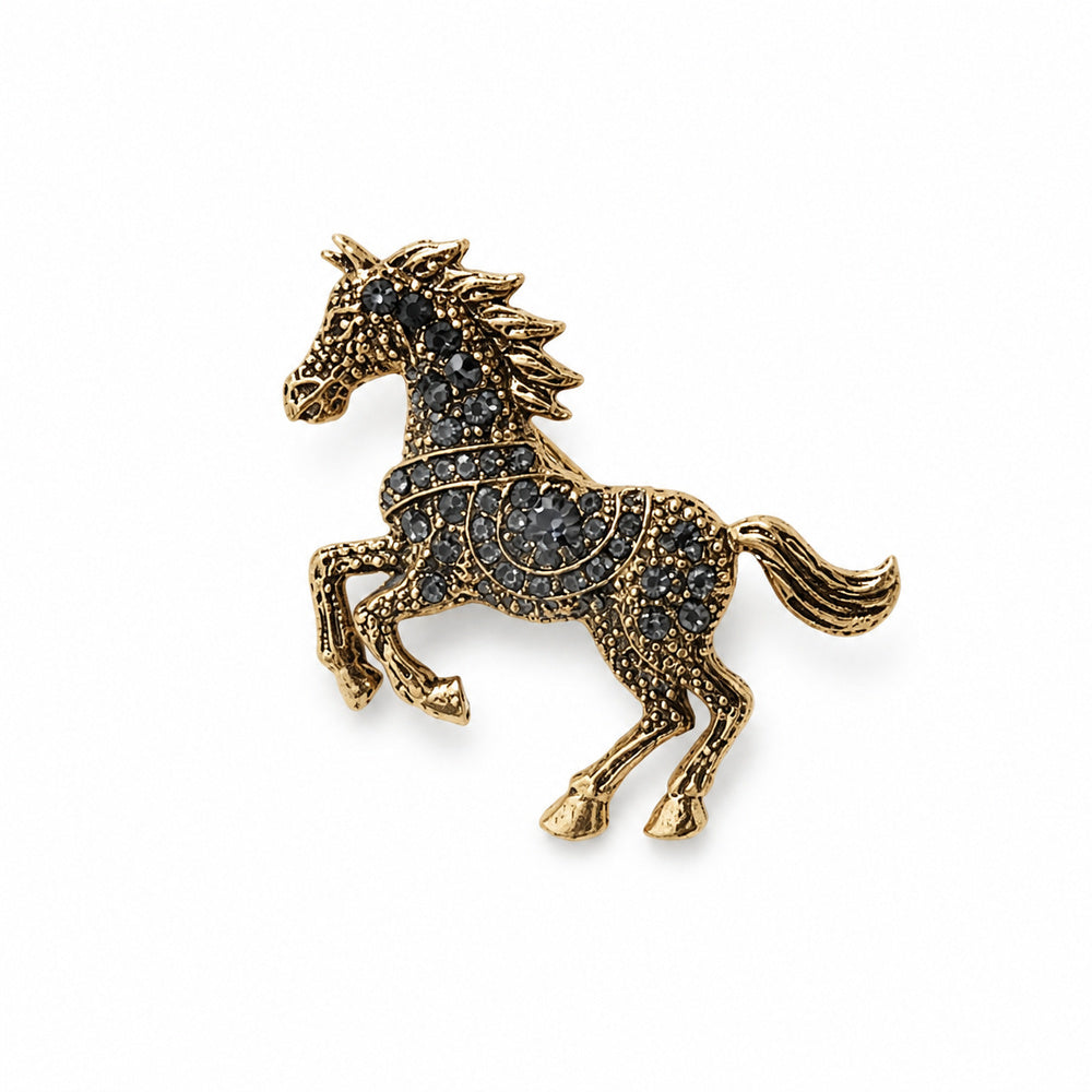 Crystal Horse Brooch in Antique Gold