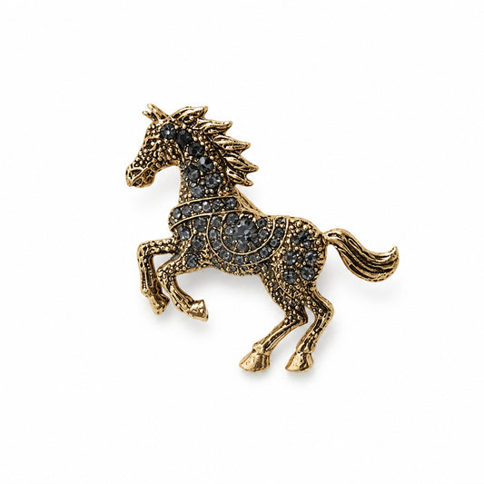 Crystal Horse Brooch in Antique Gold
