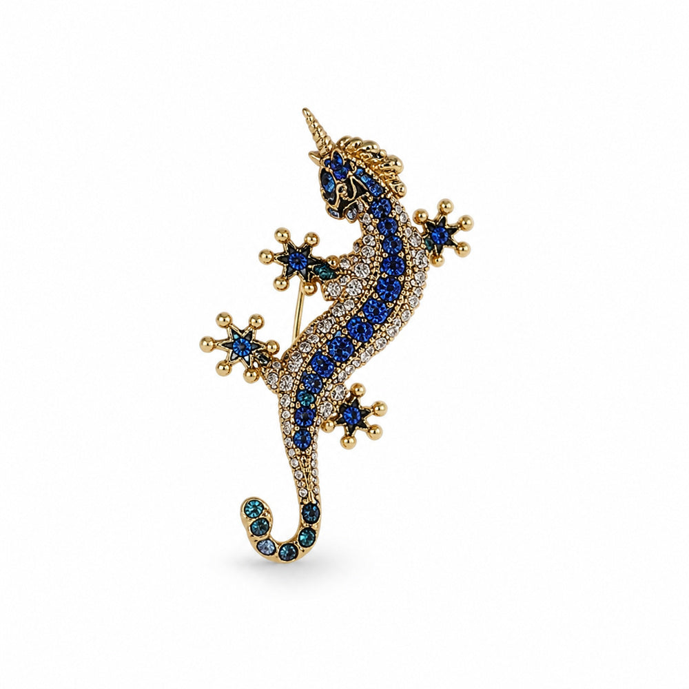 Crystal Lizard Brooch in Blue and Gold