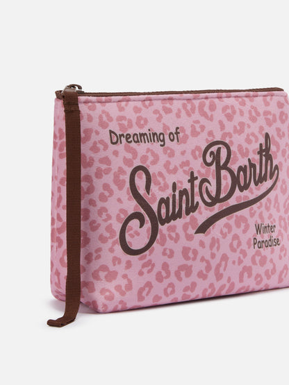 MC2 SAINT BARTH ALINE BEIGE ALINE WOOL-EFFECT CLUTCH BAG WITH PINK LEOPARD PRINT