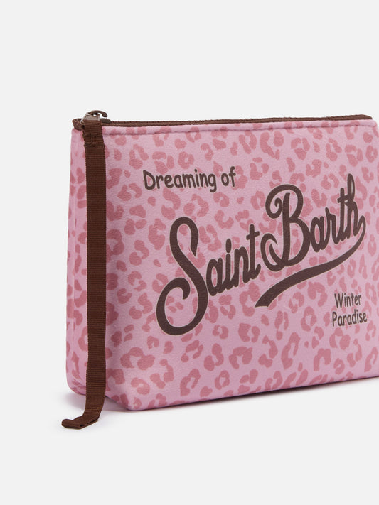 MC2 SAINT BARTH ALINE BEIGE ALINE WOOL-EFFECT CLUTCH BAG WITH PINK LEOPARD PRINT