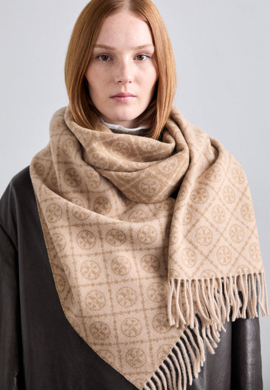 TORY BURCH MONOGRAM OBLONG SCARF - SCARF - CAMEL