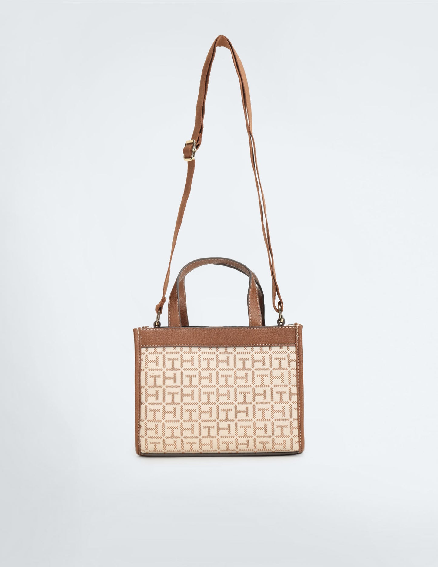 Tommy Hilfiger Brand Logo Textured Handheld Bag in beige