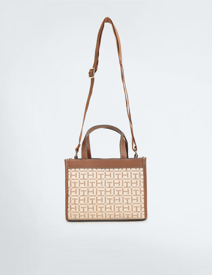 Tommy Hilfiger Brand Logo Textured Handheld Bag in beige