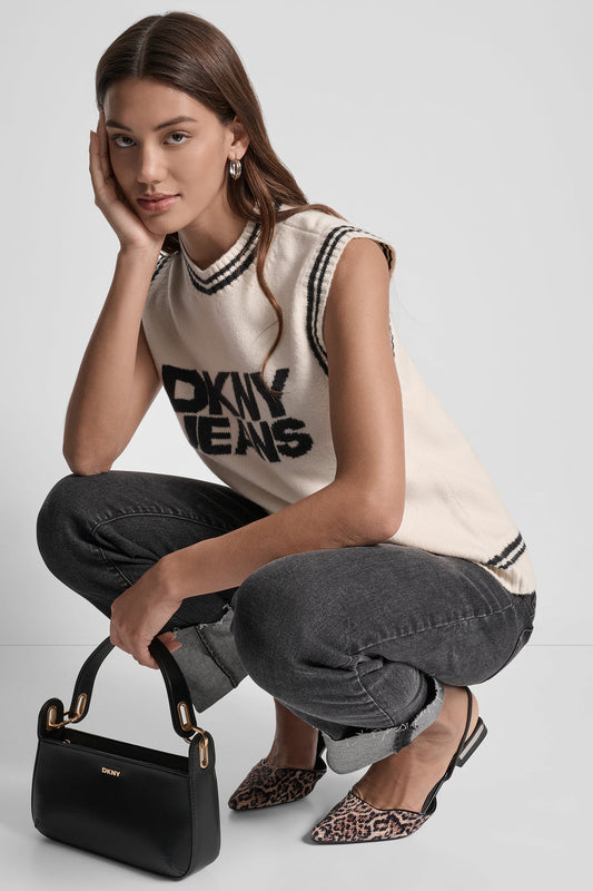 DKNY Women white Solid Round sleeveless Neck Sweater size M