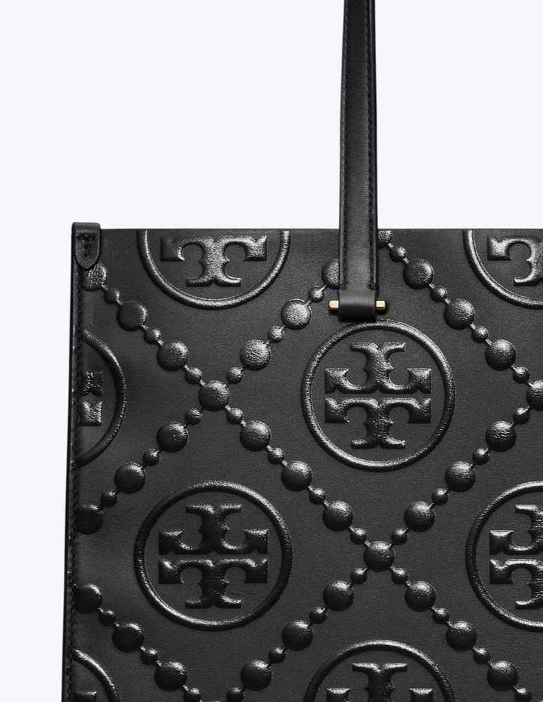 TORY BURCH T MONOGRAM CONTRAST EMBOSSED TOTE BLACK/BLACK