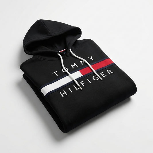 TOMMY HILFIGER BLACK HOODED SWEATSHIRT SIZE UNISEX SIZE L