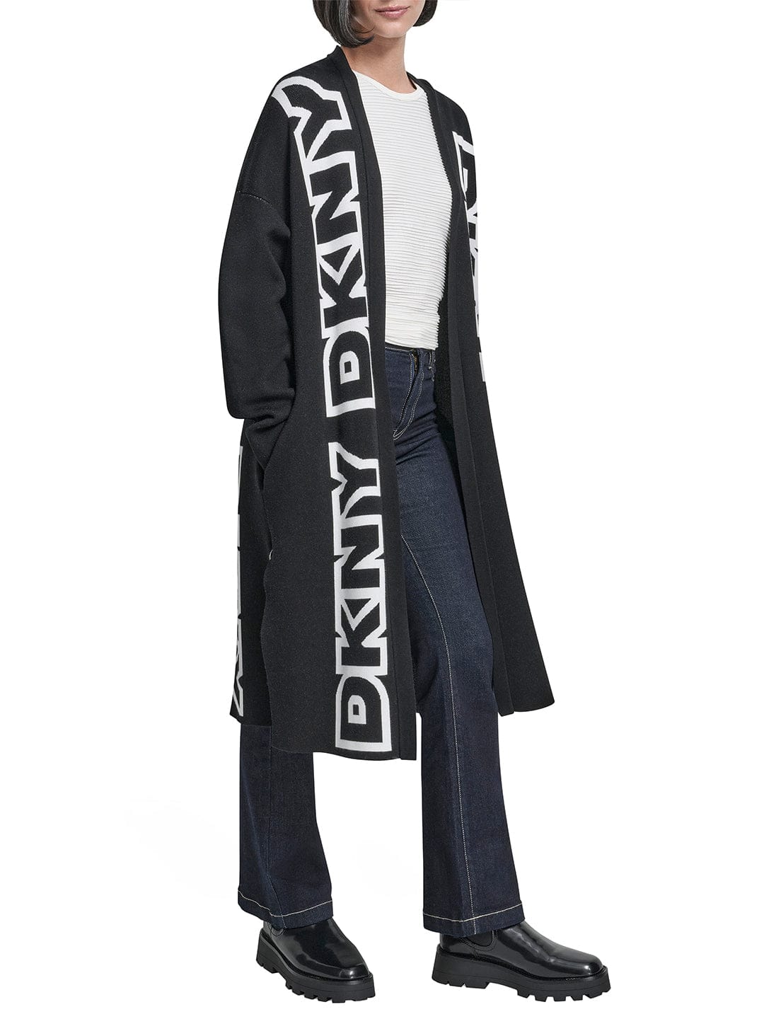 DKNY Women Black Placement Print Mandarin Collar Sweater size M