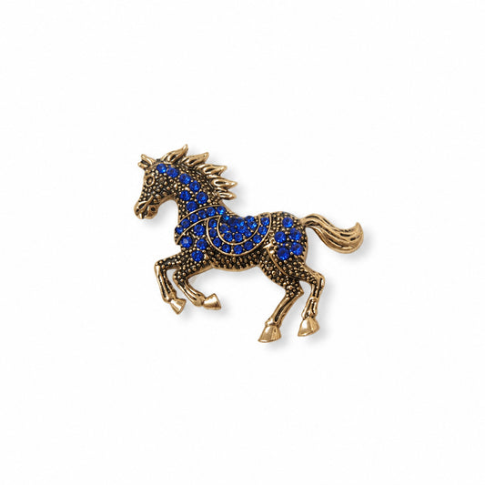 Crystal Horse Brooch in Blue and Gold