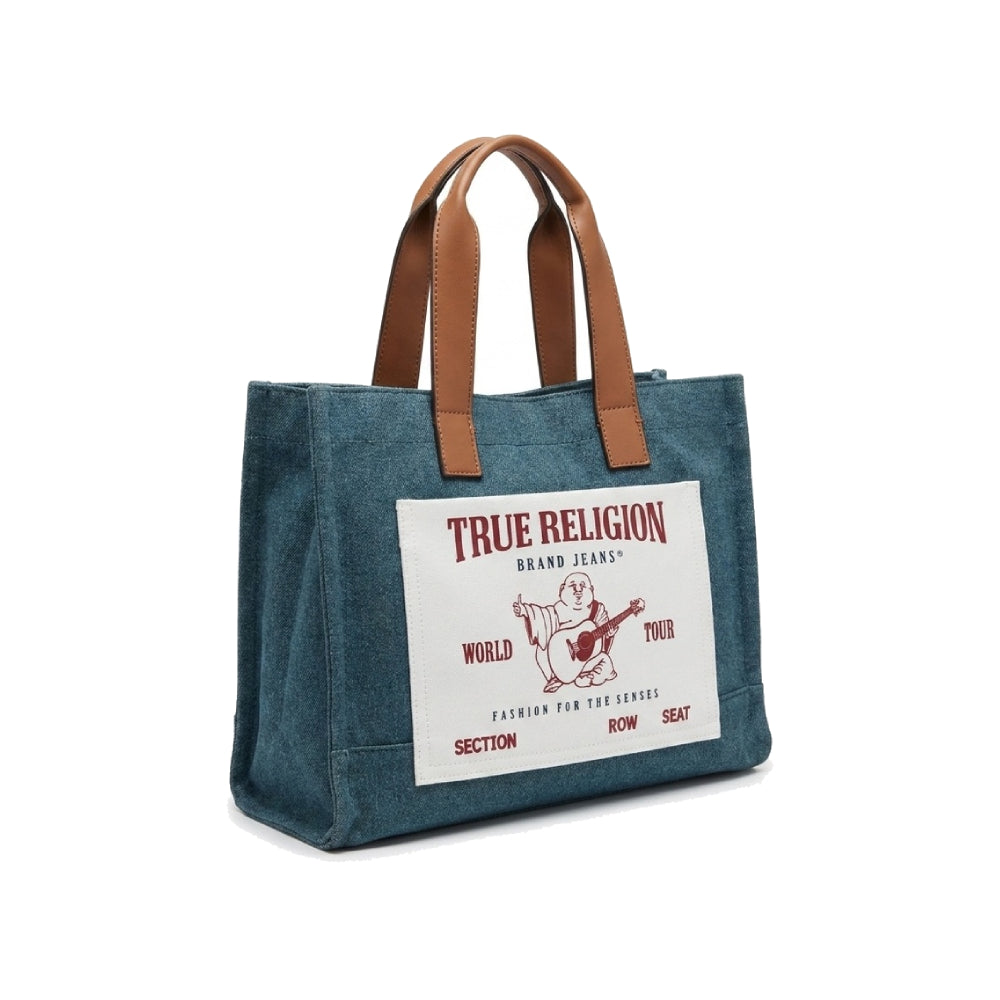 True Religion Medium Buddha Pocket Tote Bag In Blue Denim