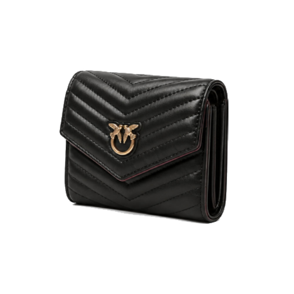PINKO Love Birds Chevron Quilted Leather Wallet in Black