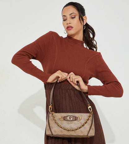 Guess Izzy Top Zip Shoulder Bag for Women Latte Logo Brown