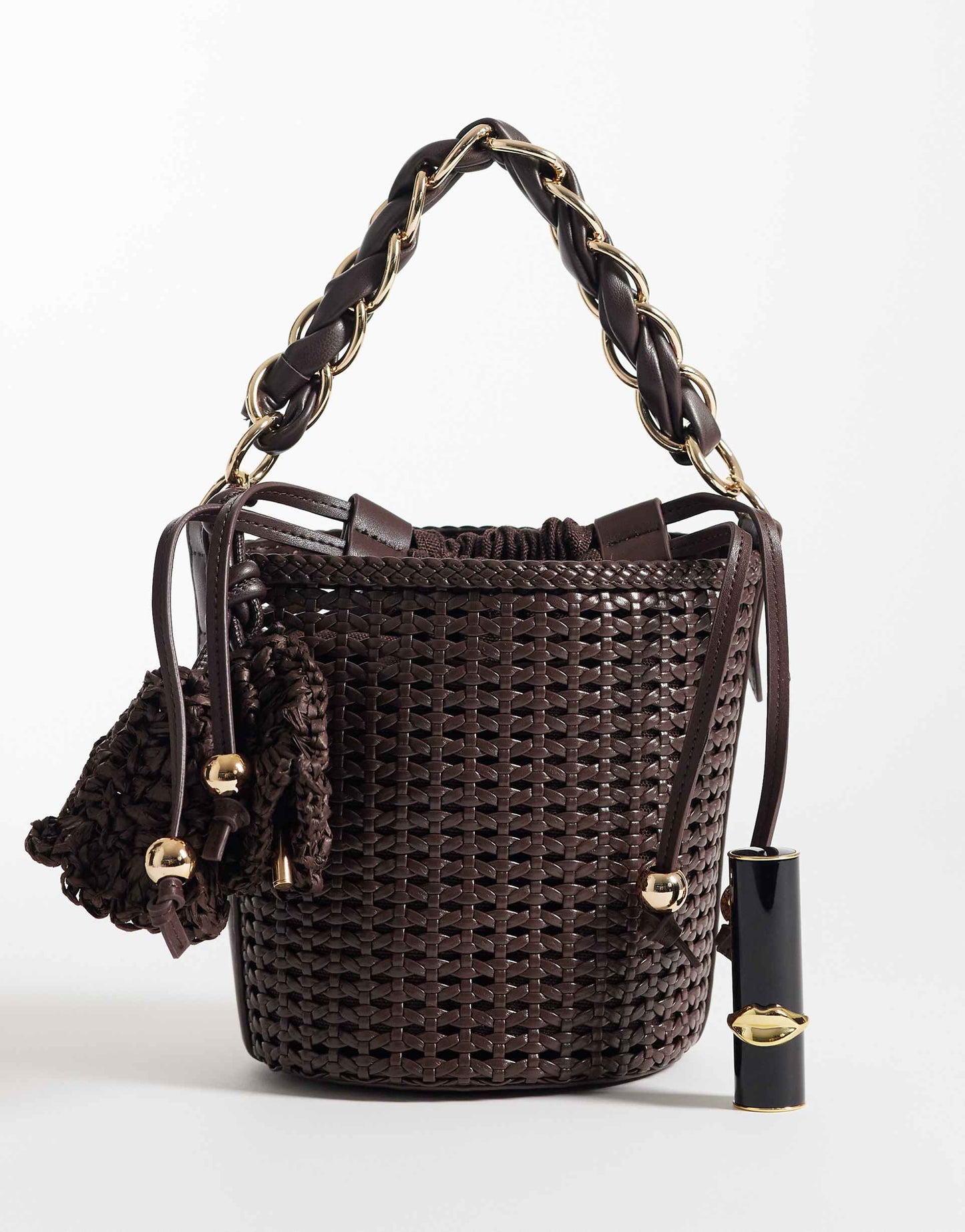 River Island Metal Handle Woven Bucket Bag in Brown