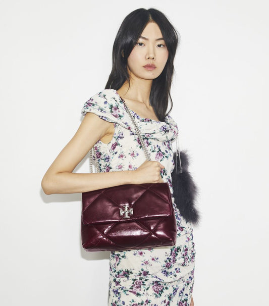 TORY BURCH KIRA DIAMOND QUILT DISTRESSED SHOULDER BAG IN DARK CARMINE