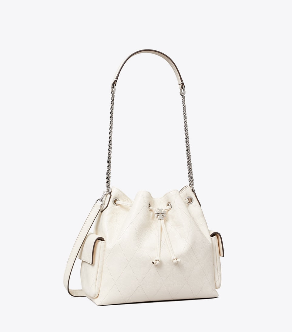 TORY BURCH CHARLIE QUILTED DRAWSTRING SHOULDER BAG IN WHITE