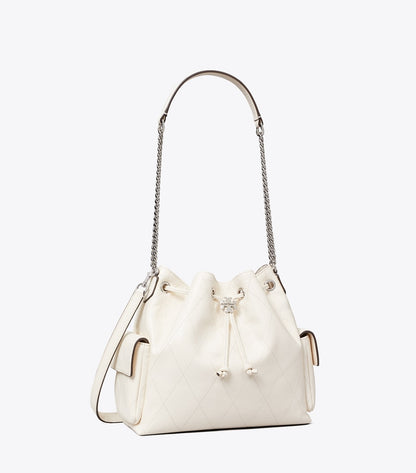 TORY BURCH CHARLIE QUILTED DRAWSTRING SHOULDER BAG IN WHITE