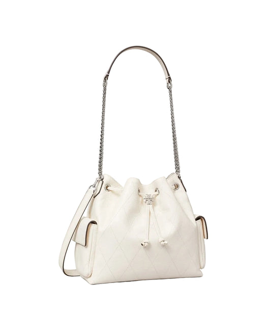 Tory Burch Charlie Quilted Drawstring Shoulder Bag In White