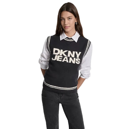DKNY Women Printed Vest Round Neck Sweater in Black