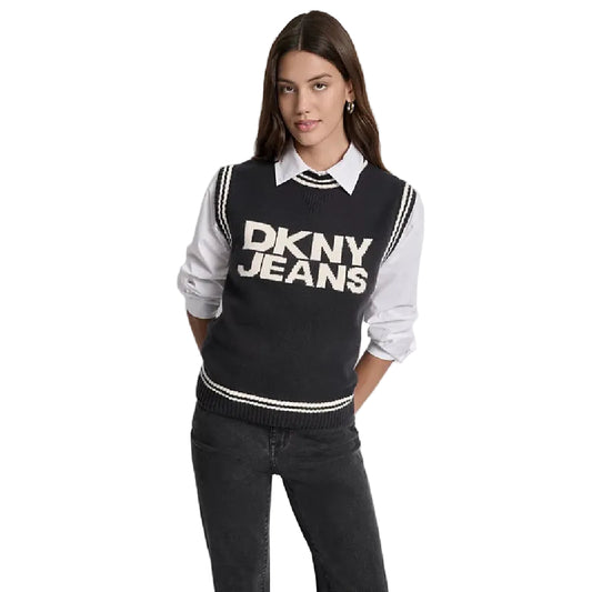 DKNY Women Printed Vest Round Neck Sweater in Black