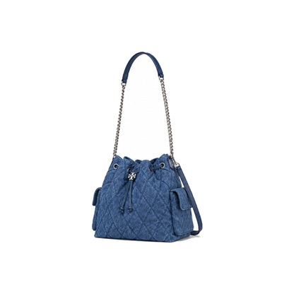 Tory Burch Charlie Quilted Denim Drawstring Shoulder Bag In Blue