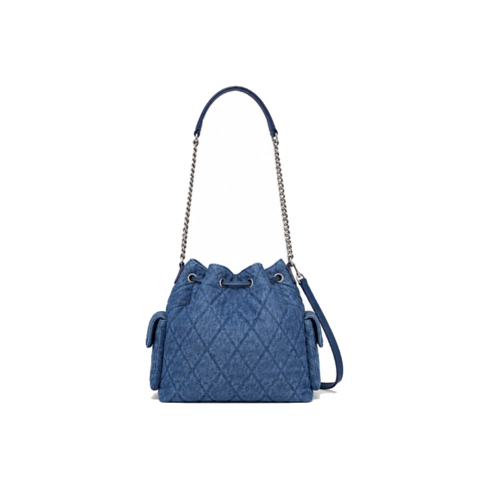 Tory Burch Charlie Quilted Denim Drawstring Shoulder Bag In Blue