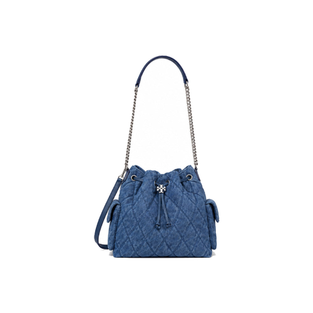 Tory Burch Charlie Quilted Denim Drawstring Shoulder Bag In Blue