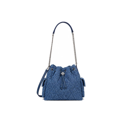 Tory Burch Charlie Quilted Denim Drawstring Shoulder Bag In Blue