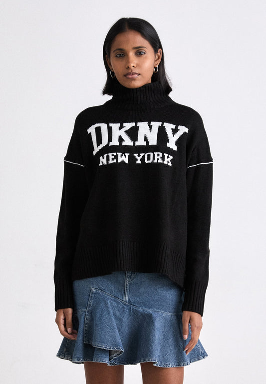 DKNY INTARSIA LOGO TURTLENECK HIGH LOW BOXY SWEATER - Jumper - black/ivory size M