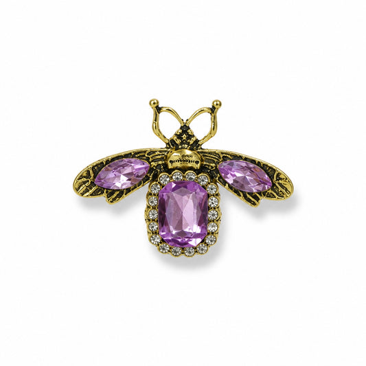 Amethyst Crystal Bee Brooch in Gold & purple
