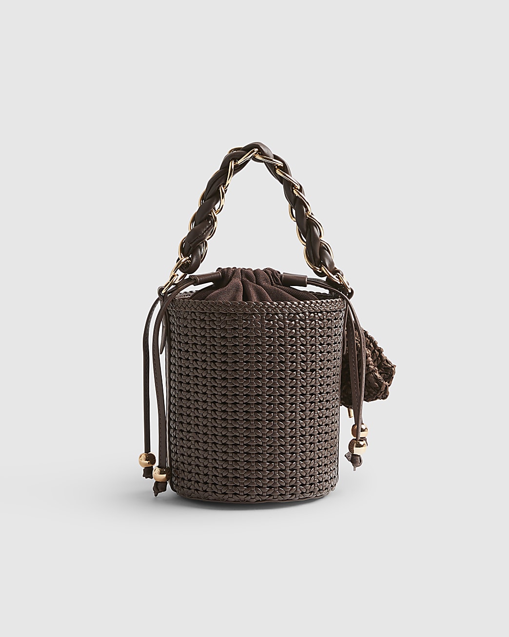 River Island Brown Chain Handle Woven Bucket Bag