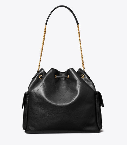TORY BURCH CHARLIE QUILTED DRAWSTRING SHOULDER BAG IN BLACK