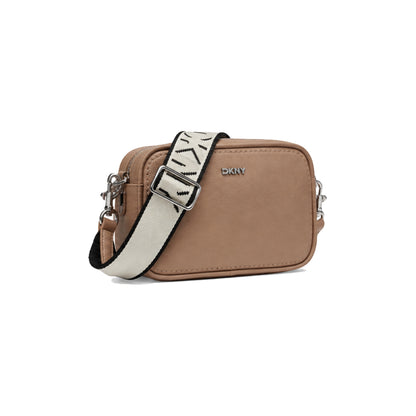 DKNY Nessa Camera Bag with Logo Jacquard Strap In Cappuccino