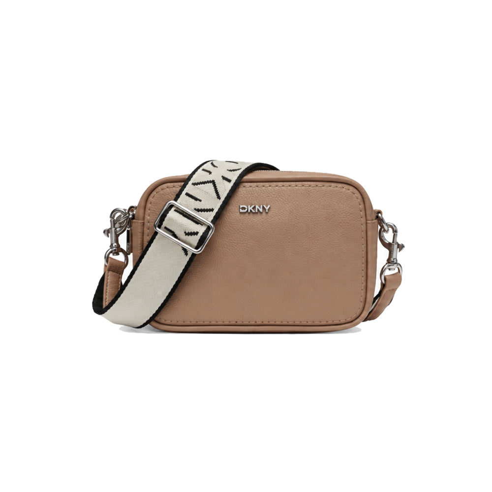 DKNY Nessa Camera Bag with Logo Jacquard Strap In Cappuccino