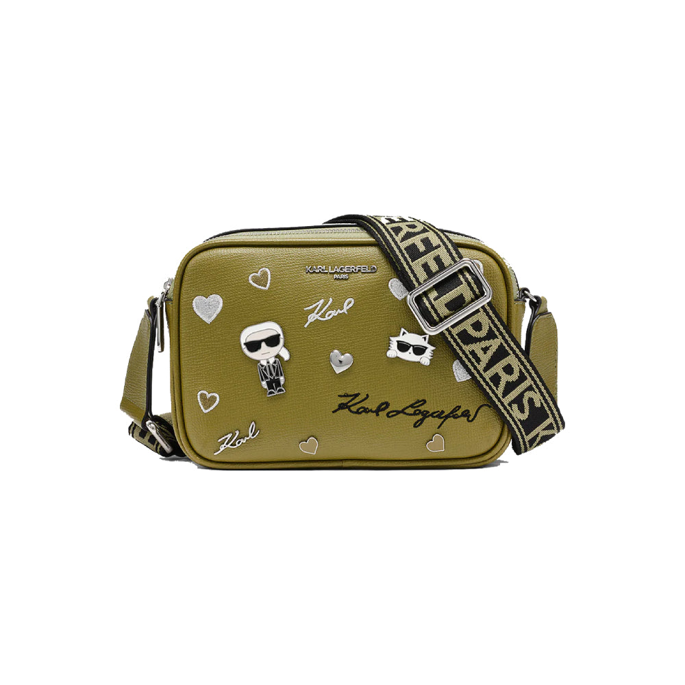 Karl Lagerfeld Maybelle Logo Camera Cross Body Bag with Pins in Olive