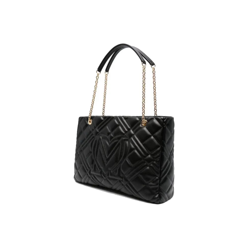 Love Moschino Quilted Chain Shoulder Bag with Logo Plaque In Black
