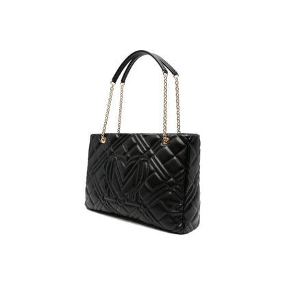 Love Moschino Quilted Chain Shoulder Bag with Logo Plaque In Black