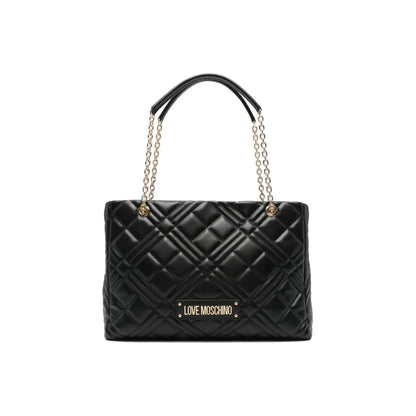 Love Moschino Quilted Chain Shoulder Bag with Logo Plaque In Black