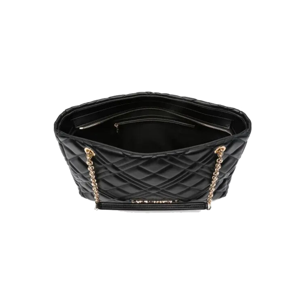 Love Moschino Quilted Chain Shoulder Bag with Logo Plaque In Black