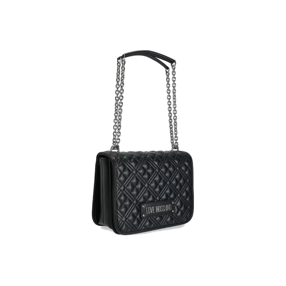 Love Moschino Quilted Shoulder Bag with Chain Strap and Logo Plaque In Black
